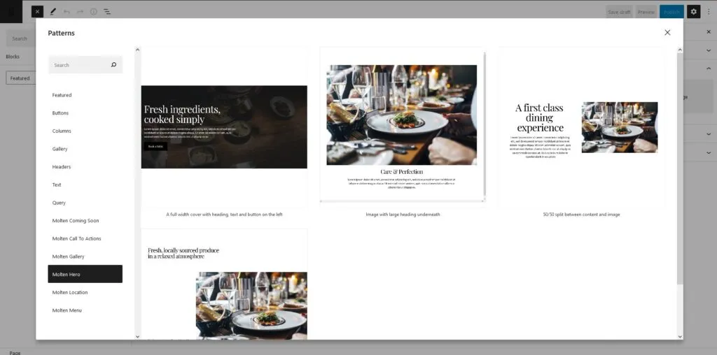 A modal of block patterns, there are four patterns being shown. Each pattern shows a different layout with placeholder text and images.