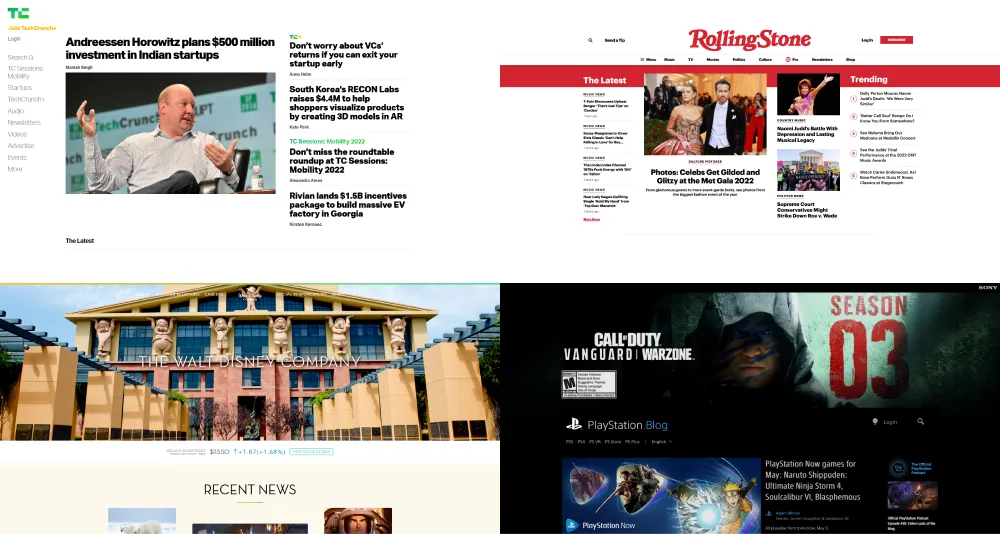 Initial views of the TechCrunch, Rolling Stone, Playstation and Disney websites