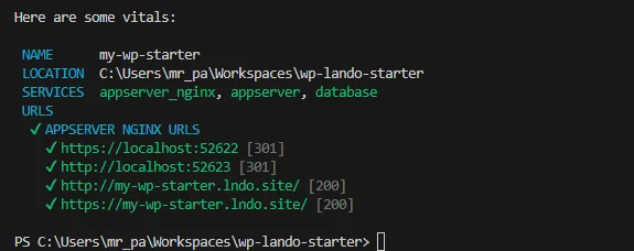 A terminal window showing results of running lando rebuild in the terminal. It reads &#x27;Name: my-wp-starter, Location: saved location of the project, Services: appserver_nginx, appserver, database, URLS: Appserver nginx urls: https://localhost:59622 [301], http://localhost:59622 [301],
http://my-wp-starter.lndo.site/ [200],
https://my-wp-starter.lndo.site/ [200]