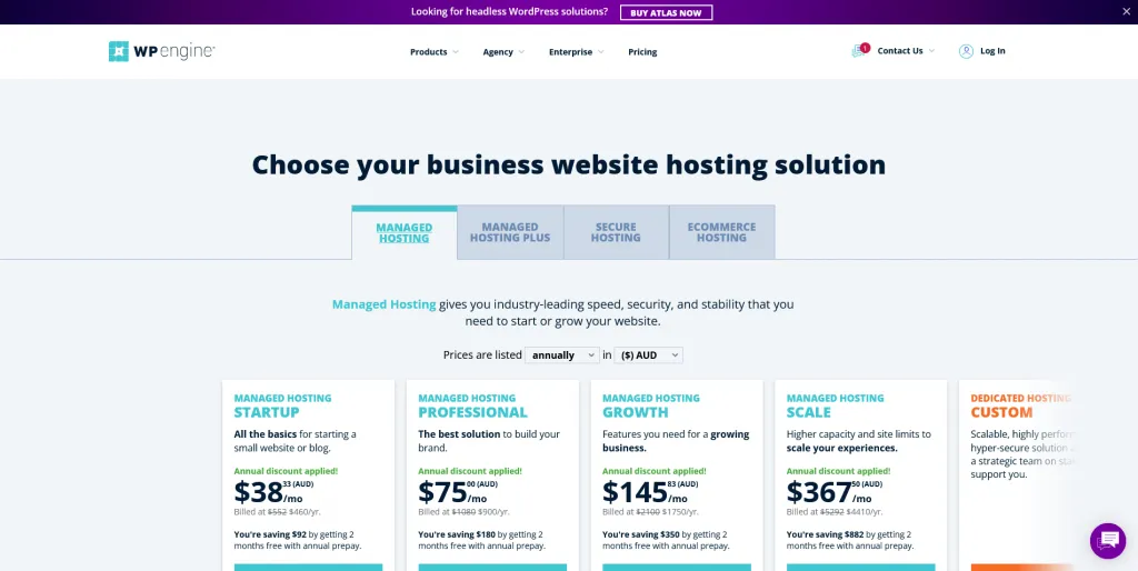 wpengine.com pricing screen showing different options of plans