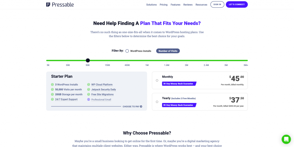 Pressable.com pricing screen showing different options of plans