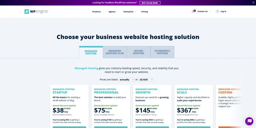 wpengine.com pricing screen showing different options of plans