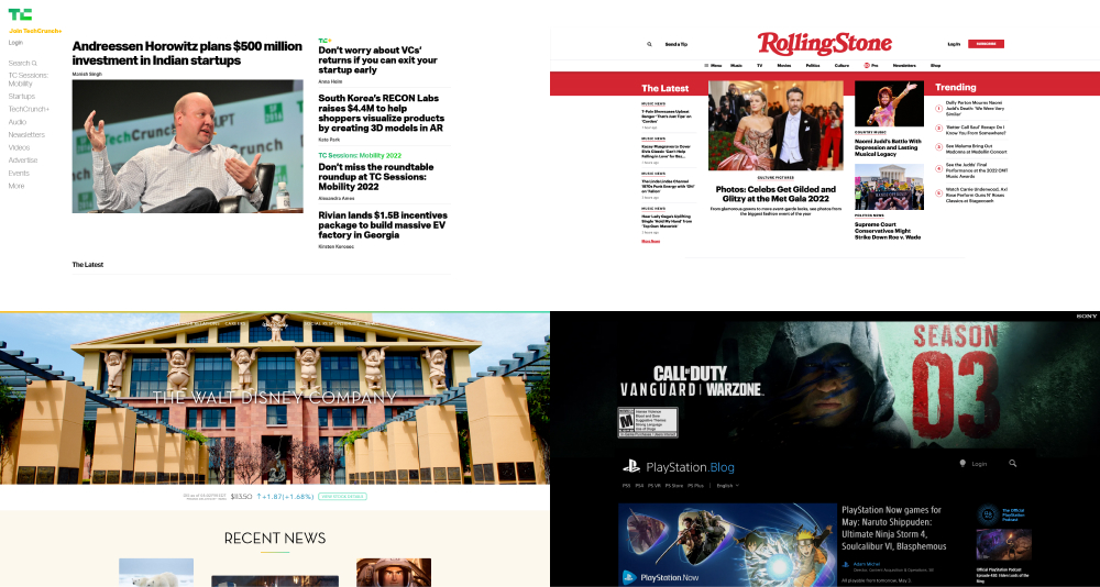 Initial views of the TechCrunch, Rolling Stone, Playstation and Disney websites
